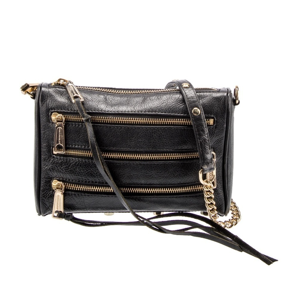 Rebecca Minkoff Black and Gold Crossbody Bag with Zipper and Fringe Details